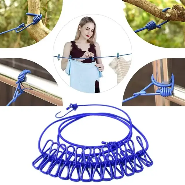 ১২ ক্লিপ স্ট্রেচেবল কাপড় শুকানোর দড়ি / 12 Clip Portable Laundry Rope