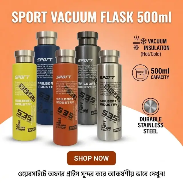 SPORT 500ml Stainless Steel Vacuum Flask - Multicolor Insulated Water Bottle,স্পোর্ট ৫০০ মিলি স্টেইনলেস স্টিল ভ্যাকুয়াম ফ্লাস্ক - মাল্টিকালার ইনসুলেটেড জলের বোতল