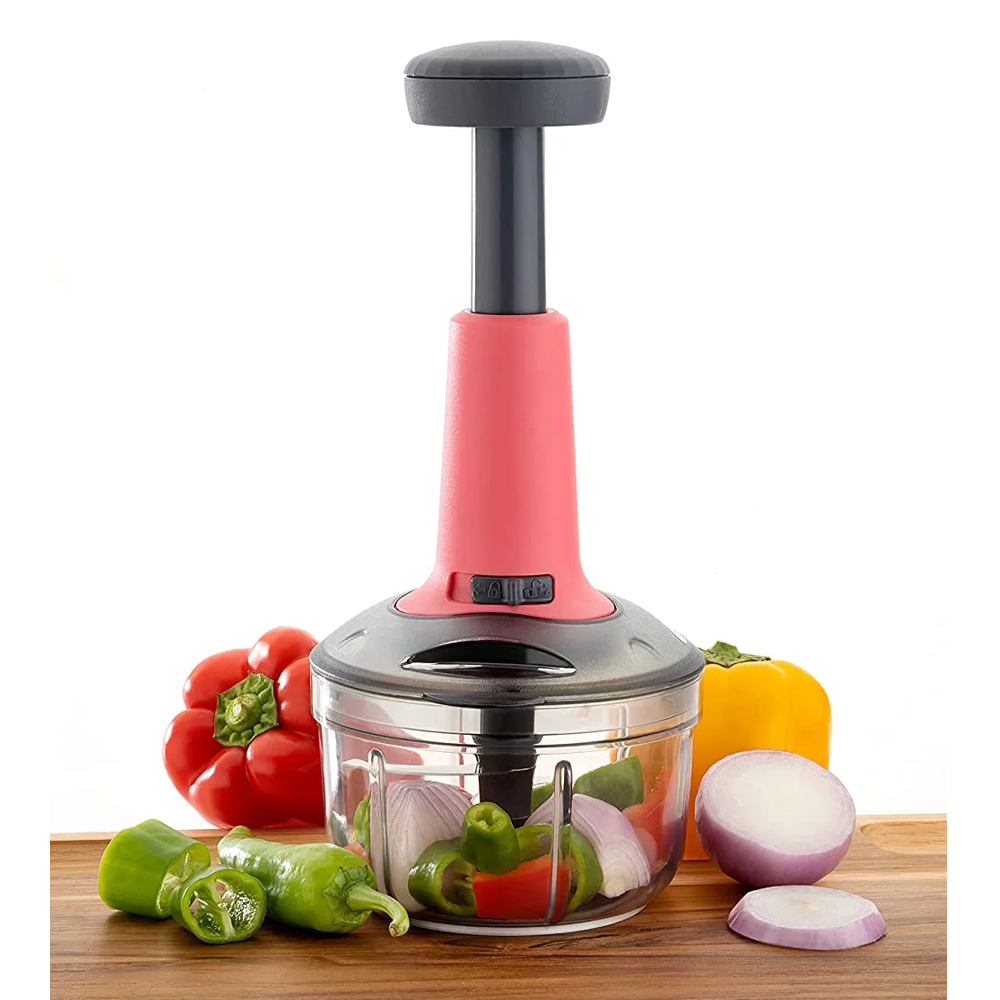 1100 ml Push Chopper For Kitchen Manual Hand-Press Vegetable Chopper with 3 Stainless Steel Blades 1 Whisker for Chopping ( 1
