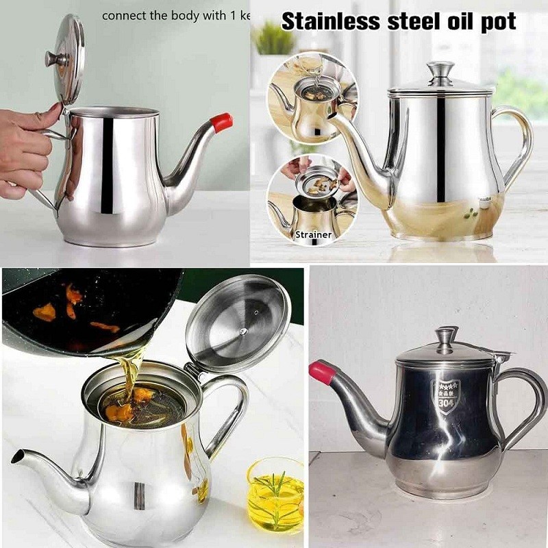 Stainless Steel Oil Strainer Pot Container Jug Storage with filter Cooking Oil Pot 6
