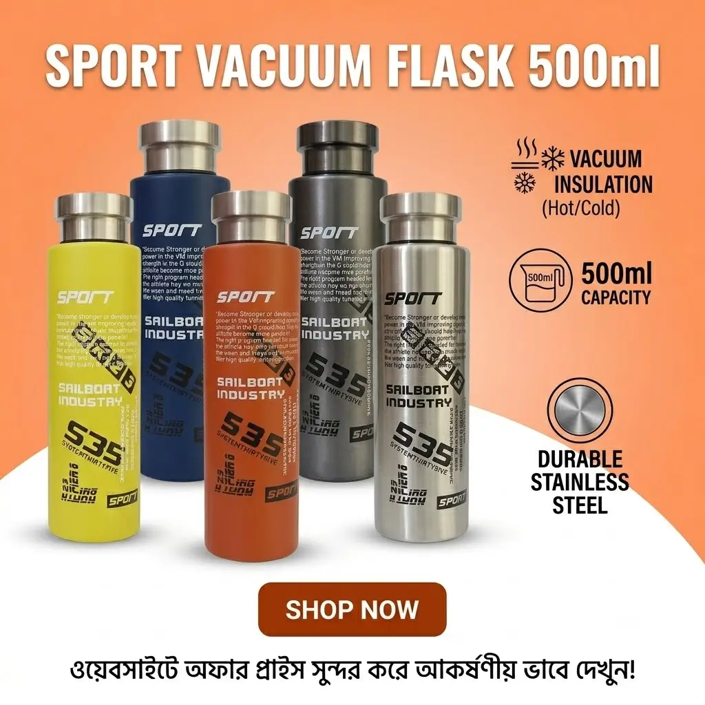 SPORT 500ml Stainless Steel Vacuum Flask - Multicolor Insulated Water Bottle,স্পোর্ট ৫০০ মিলি স্টেইনলেস স্টিল ভ্যাকুয়াম ফ্লাস্ক - মাল্টিকালার ইনসুলেটেড জলের বোতল