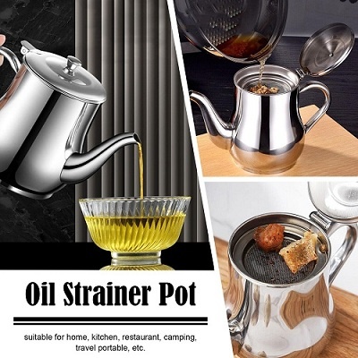 Stainless Steel Oil Strainer Pot Container Jug Storage with filter Cooking Oil Pot 7