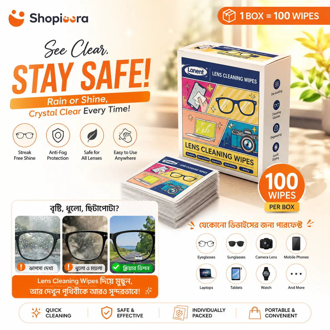 Premium Lens Cleaning Wipes (100 PCS Box) / প্রিমিয়াম লেন্স ক্লিনিং ওয়াইপস (১০০ পিস বক্স)
