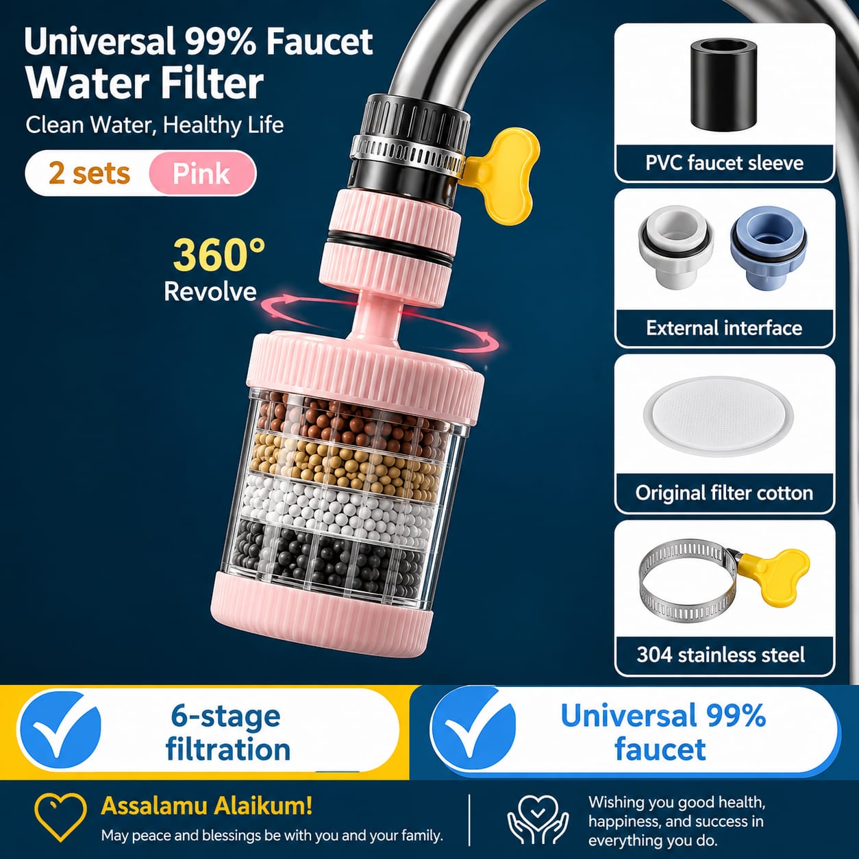 Tap Water Purifier 360-Degree Rotating Faucet Water Filter-ট্যাপ ওয়াটার পিউরিফায়ার 360-ডিগ্রি ঘূর্ণায়মান কল জল ফিল্টার। 1