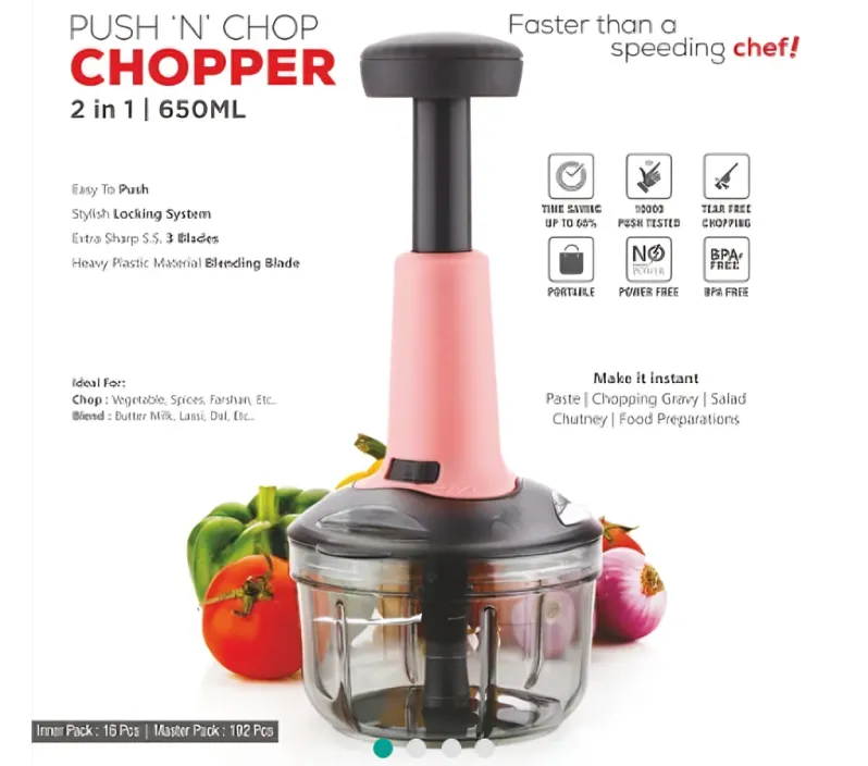 1100 ml Push Chopper For Kitchen Manual Hand-Press Vegetable Chopper with 3 Stainless Steel Blades 1 Whisker for Chopping ( 7