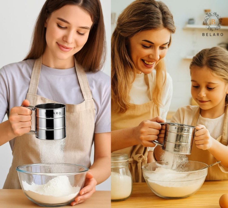Flour Sifter, Stainless Steel Sifter for Baking, Double Layer Fine Mesh Baking Sifter, One Hand Press Crank Sifter for Powdered Sugar Shaker Duster, Flour Sieve Sifter for Baking Cakes Rondauno 3