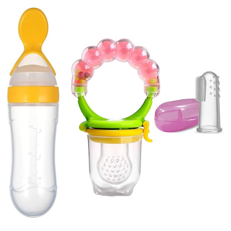 কম্বো প্যাকেজ সিলিকন চামচ ফিডার, খাবার ফিডার, Combo Package Silicone Spoon Feeder, Food Feeder, Finger Toothbrush For Babyশিশুর জন্য আঙুলের টুথব্রাশ- 3