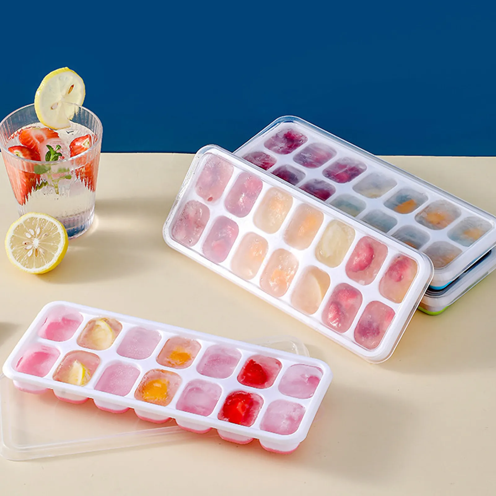 Silicone Ice Cube 14 Trays with Lid with Easy Release & Durability, Stackable & Bpa Free Ice Tray for Drinks, Fruit, Yogurt, Cocktail, Flexible Ice Trays for Freezer, ফ্রিজারের জন্য নমনীয় 14-আইস ট্রে.