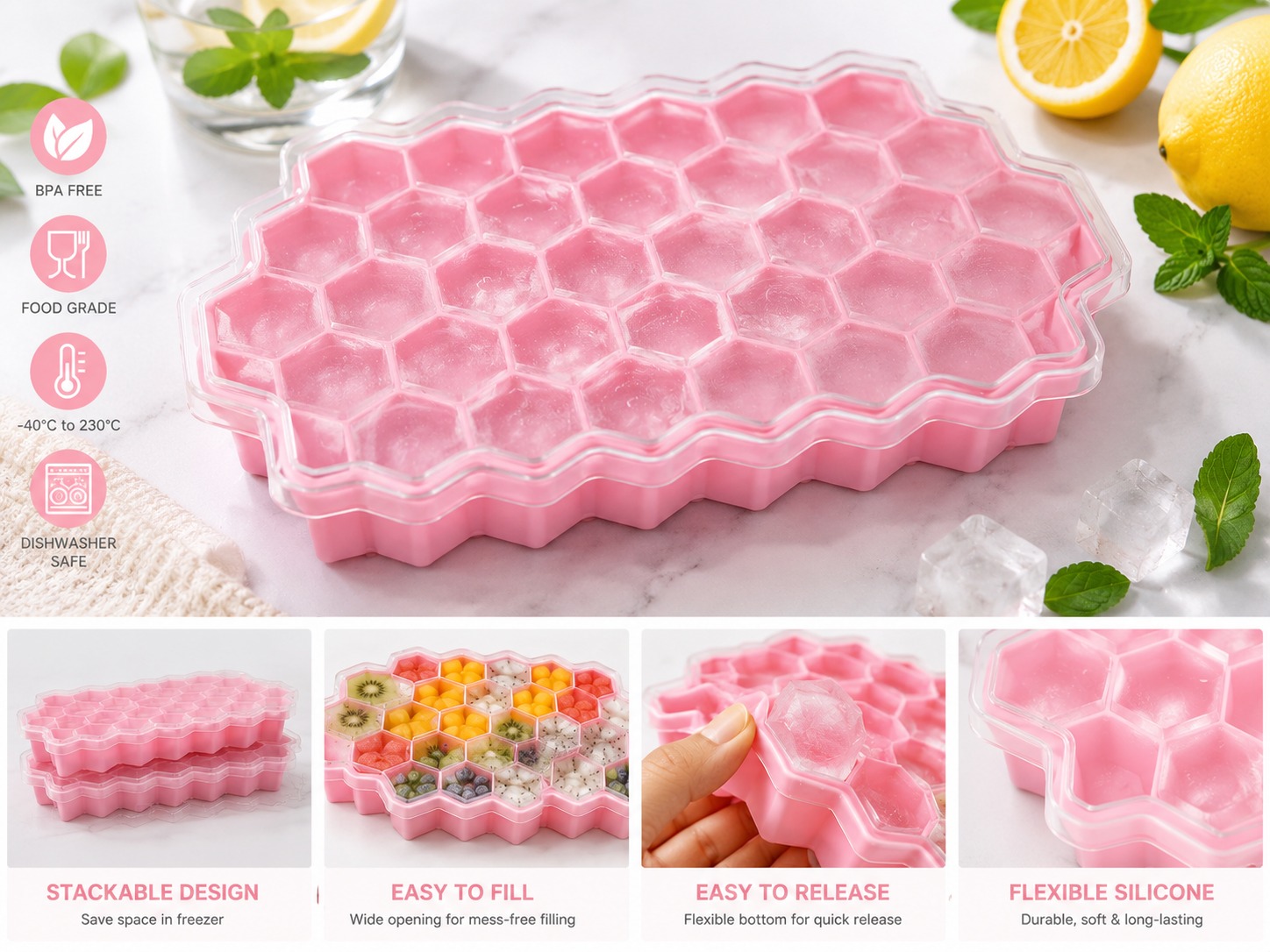 Honeycomb Ice Tray with Lid,সিলিকন হানি-কম্ব আইস ট্রে