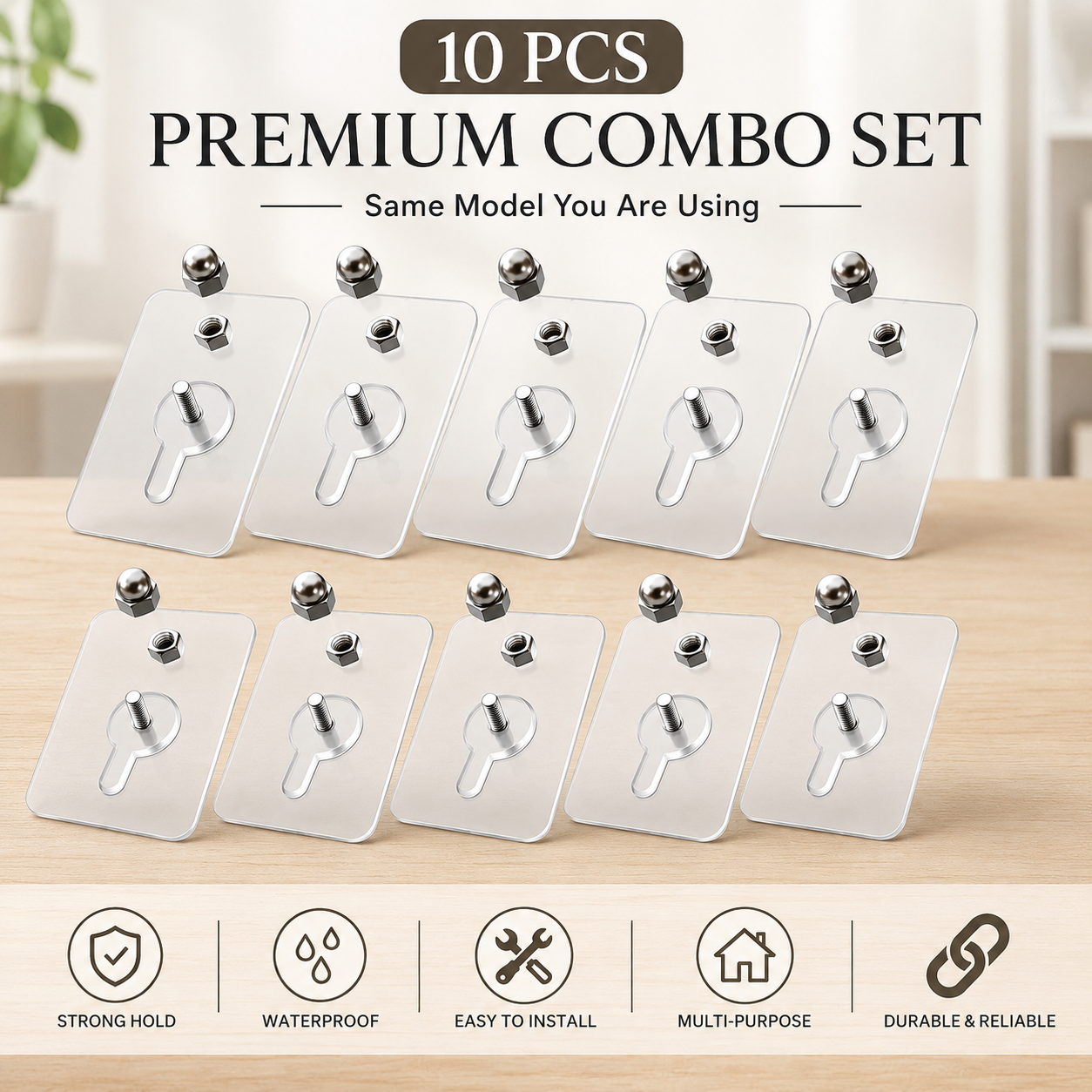 10 Pcs নাট হুক প্রিমিয়াম ট্রান্সপারেন্ট হেভি-ডিউটি অ্যাডহেসিভ / 10 PCS Premium Transparent Heavy-Duty Adhesive Wall Hook Combo Set